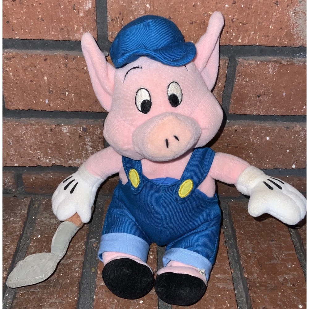 Disney Three Little Pigs Practical Pig Plush Vintage Stuffed Animal Blue Overall